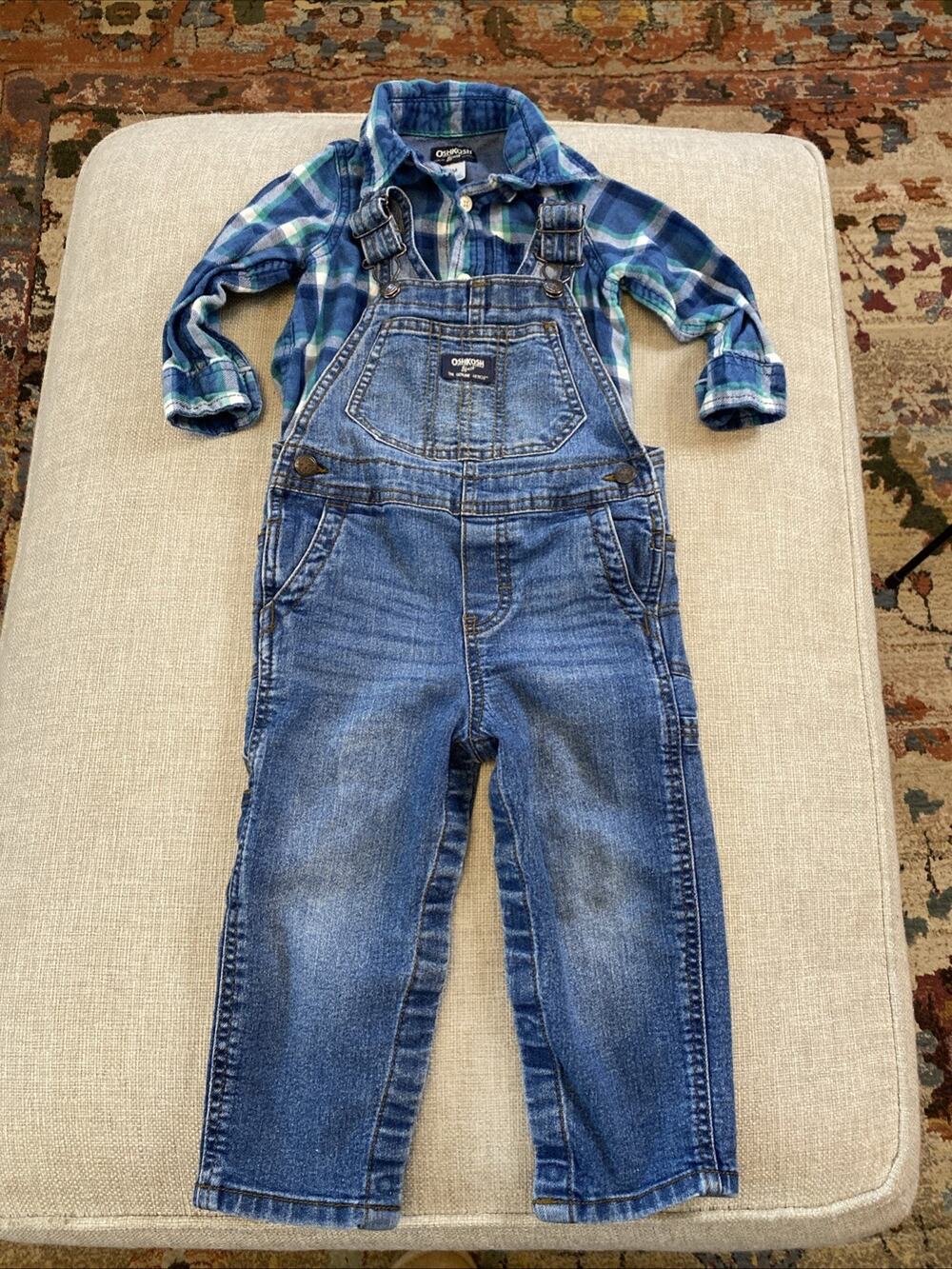 OshKosh B'Gosh 24 Mths Toddler Denim Overalls Flannel Plaid Button LOT of 2